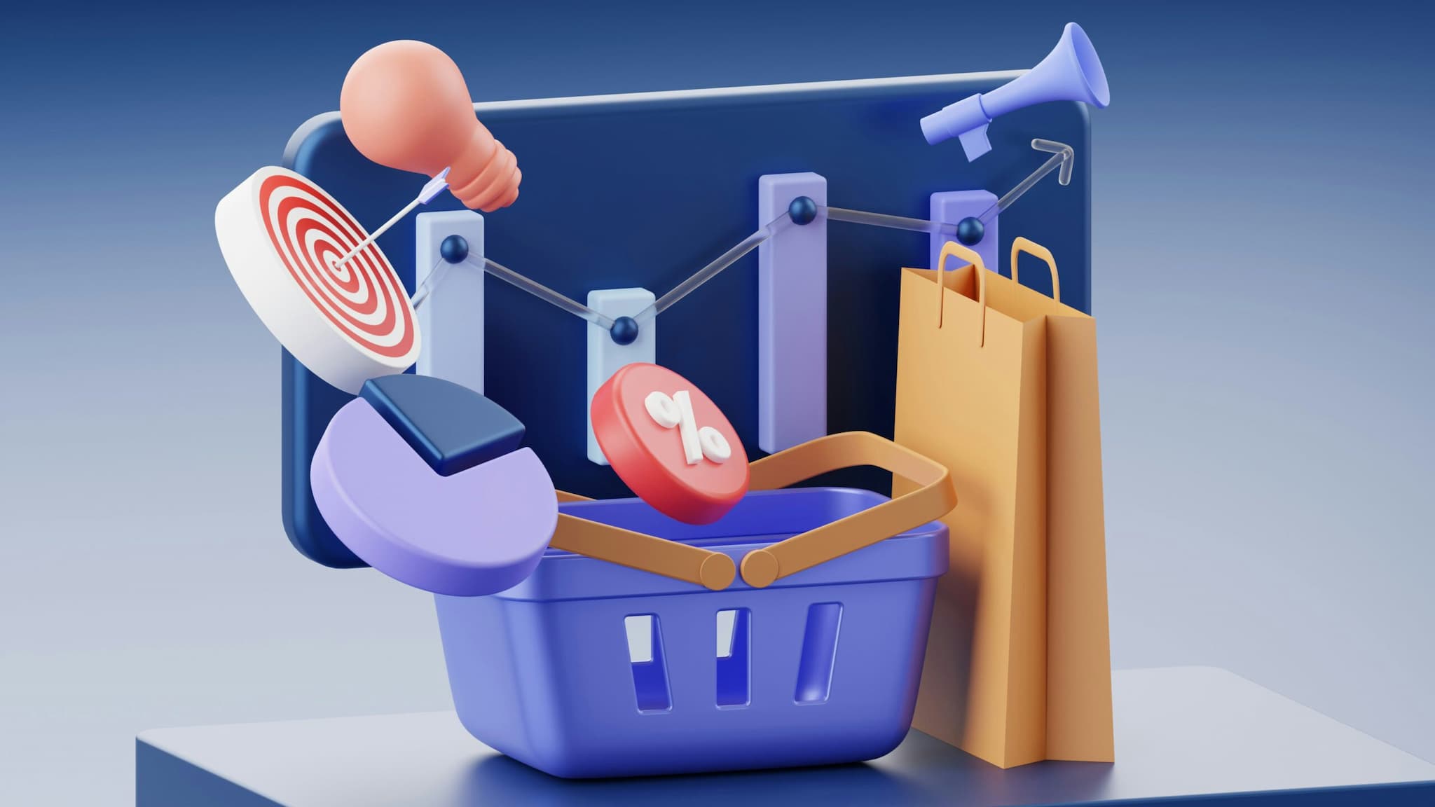 Detaillierte stilisierte 3D-CGI-Illustration, die Konzepte für E-Commerce-Wachstum und Marketing-Analyse darstellt. Ein blauer Einkaufskorb steht neben einer braunen Papiertüte. Schwebende Symbole umfassen eine Zielscheibe mit Pfeil (Targeting), eine leuchtende Glühbirne (Ideen), ein Prozentzeichen (Rabatte) und ein Kreisdiagramm. Im Hintergrund zeigt ein Bildschirm eine Liniengrafik mit einem aufsteigenden Trend und ein Balkendiagramm, was auf erfolgreiche Verkaufsdaten hindeutet.
