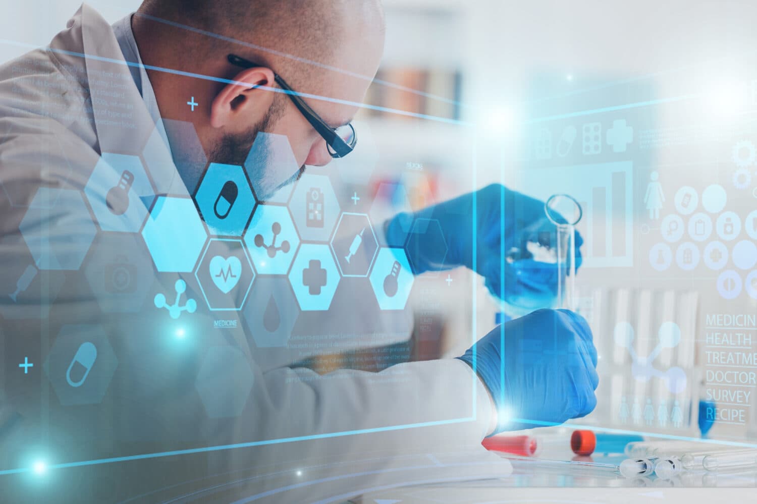 Künstliche Intelligenz hilft bei einem Forscher im Labor von Pharmaunternehmen in der Medizin.